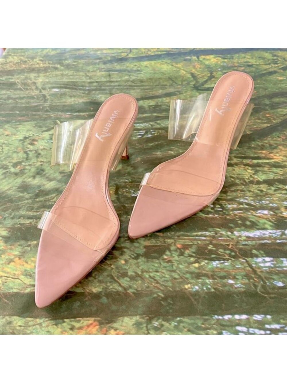 clear / tan pvc strappy heels